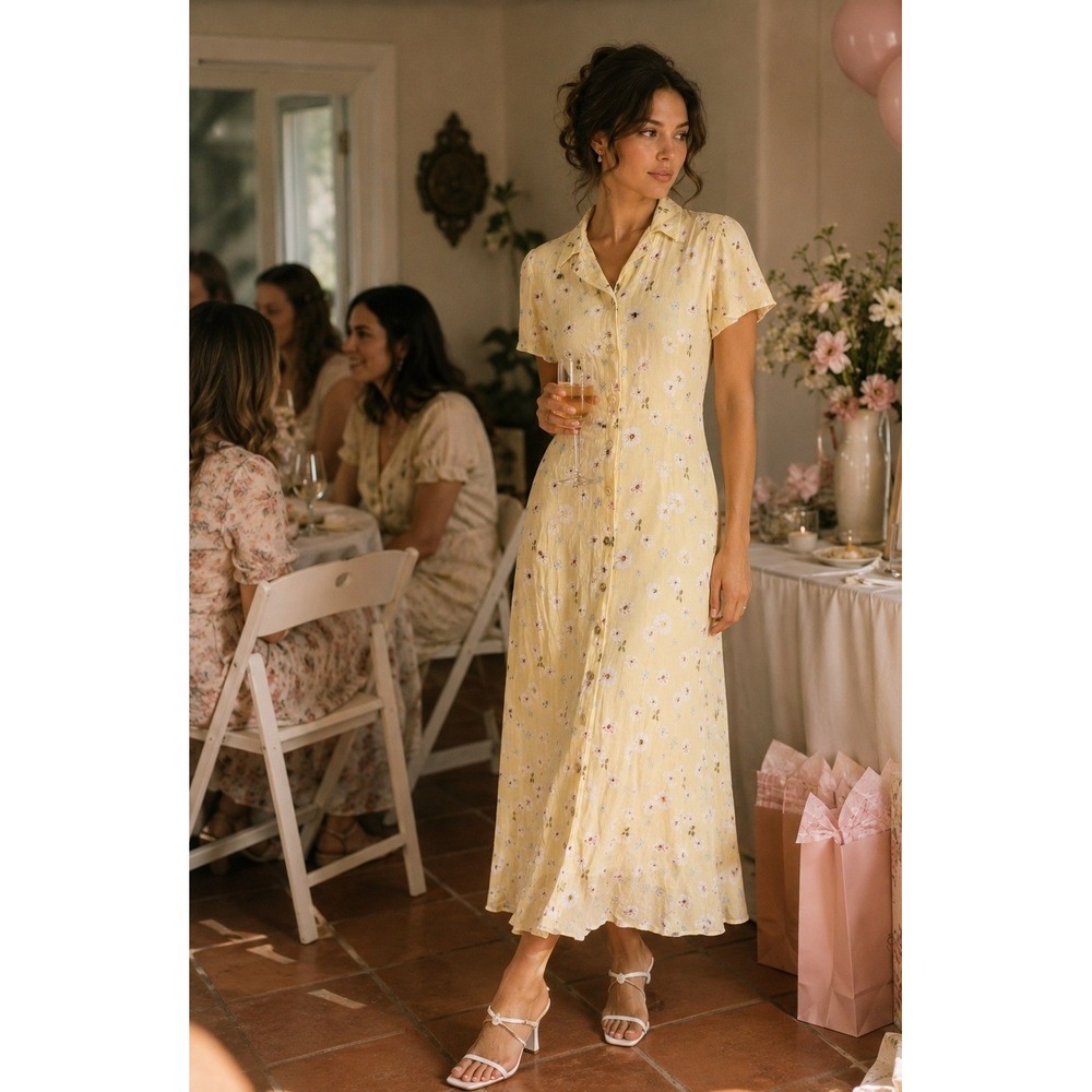 CDC Caren Desiree 90s Yellow Floral Daisy Button Front Midi Tea Dress